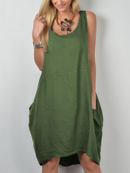 

Donna Lino Gonna Tasche Solido Bozzolo senza maniche caffetano, Verde, Summer dresses