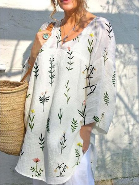 

Leaf Floral Holiday V Neck Lightweight Cotton and Linen Tunic Top, White, Tunics