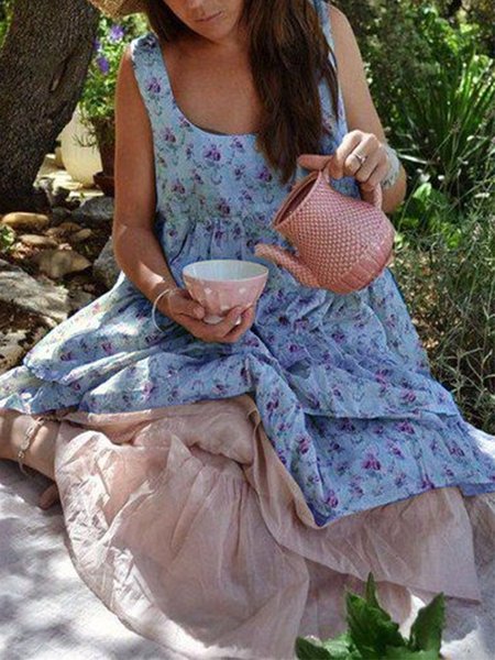 

Casuale senza maniche Girocollo taglia grande Stampato Abito, Blu, Casual Dresses