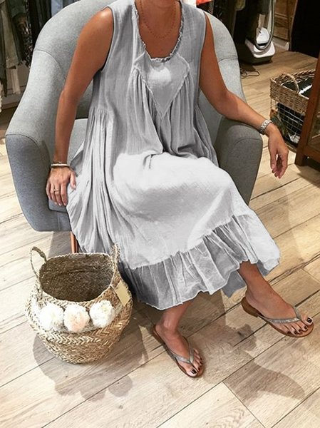 zolucky Casual Sleeveless Round Neck Plus Size Dress, Gray, Casual Dresses
