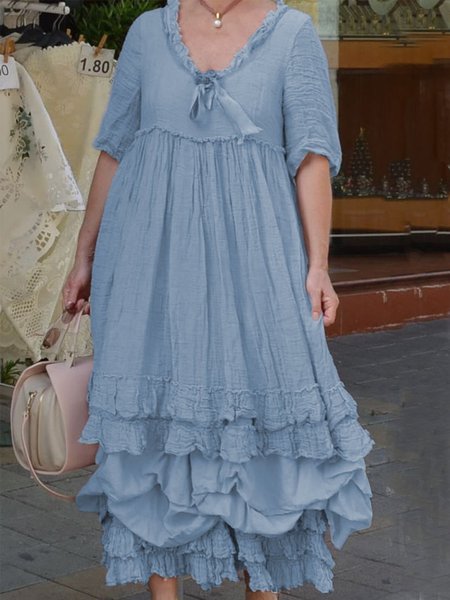 

Pink V Neck Half Sleeve Weaving Dress, Blue, Maxi Dresses