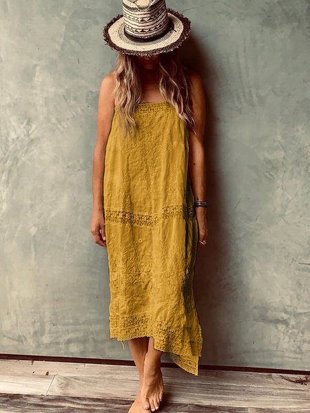 

zolucky Sexy Bohemian Plus Size Camisole Sleeveless Dress, Yellow, Casual Dresses
