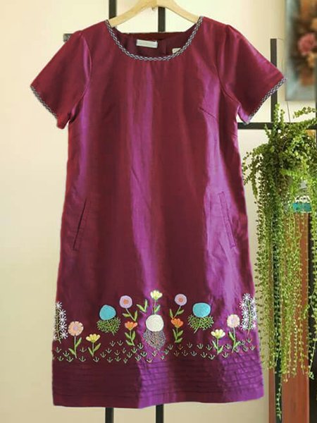 

Crew Neck Blue Women Dresses Shift Embroidered Floral Dresses, Purple, Mini Dresses