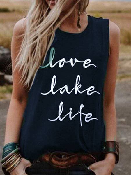 

Black Sleeveless Letter Crew Neck Shirts & Tops, Blue, Tops