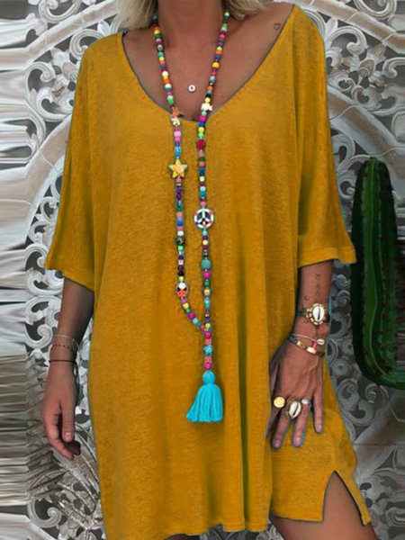 

Girocollo Casuale Mezza Manica Solido Abito, Giallo, Casual Dresses