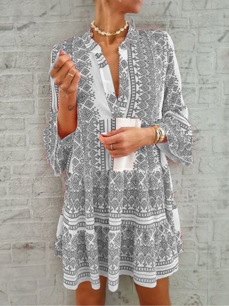 

Cotton-blend Printed Long Sleeve Casual Daily Weaving Dress, Gray, Mini Dresses