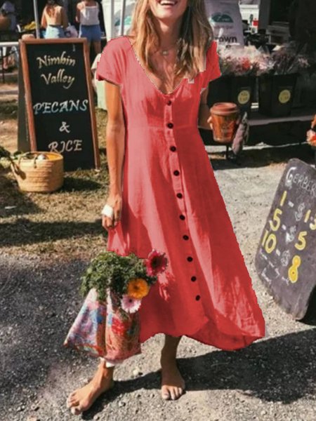 

Abbottonato Misto Cotone Maniche Corte Vacanza Abito, Rosso, Casual Dresses