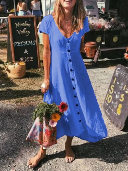 

Buttoned Cotton-Blend Short Sleeve Holiday Dresses, Blue, Dresses