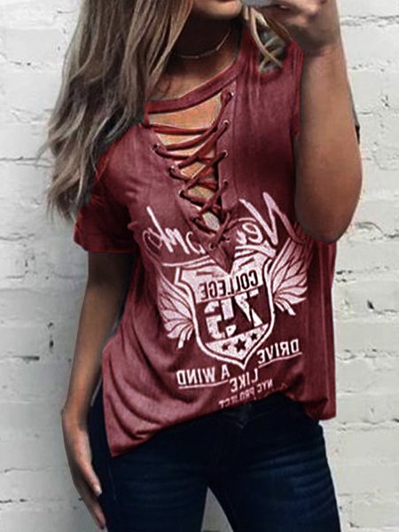 

Women Casual Short Sleeved Stringing Top, Red, Tees & T-shirts