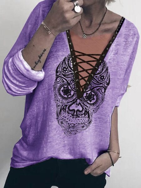 

Women's Casual Long Sleeve V Neck Lace-up Tops, Purple, Tops