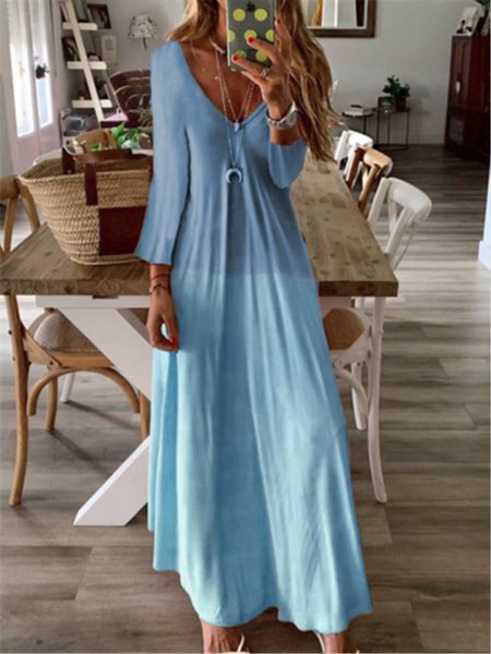 Graphic Printed Casual V-neck Long Sleeve Maxi Dress Blue/XXL