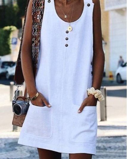 

White Crew Neck Buttoned Cotton-Blend Sleeveless Dress, Rose red, Dresses