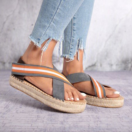 

Bohemian Slip-On Straw Platform Sandals Women, Stripe-gray, Sandals