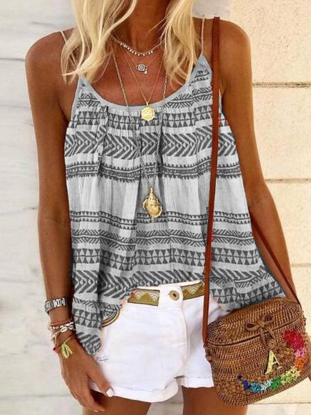 

Summer Sleeveless Casual Striped Geometric Cotton-Blend Shirts&Tops, Black, Tanks & Camis