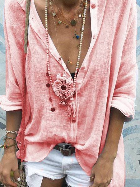 

Cotton V Neck Plain Casual Blouse, Red, Tops