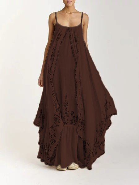 Bohemian ricamato bretella Gonna, Marrone scuro, Casual Dresses