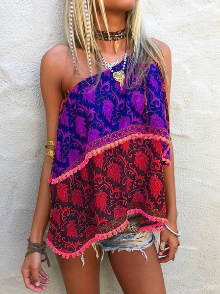 Multicolor Sleeveless Floral Tanks, Red, Tops
