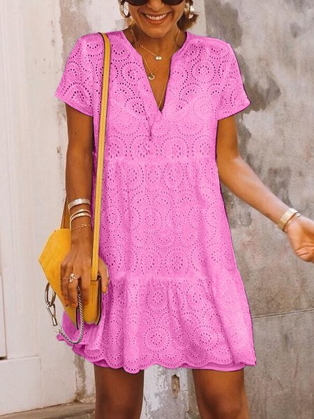 

Boho Lace Notched Loose Dresses, Rose, Short