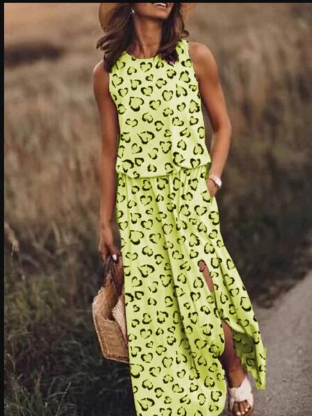 

zolucky Pink Holiday Leopard-Print Cotton-Blend Round Neck Knitting Dress, Yellow, Casual Dresses