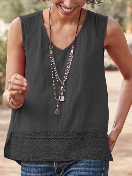 V Neck Solid Hollowed Sleeveless Shirts & Tops, Black, Tank Top