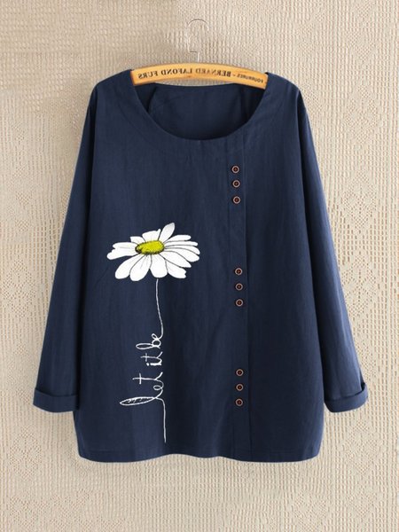 

Crew Neck Long Sleeve Cotton Casual Blouse & Shirts, Navyblue, Blouses & Shirts