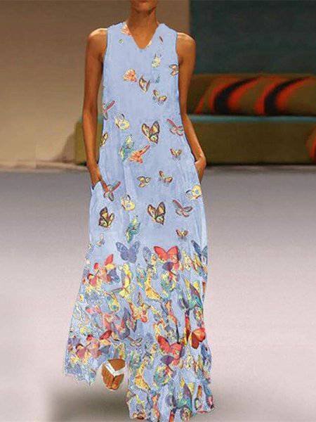 

Sleeveless Casual Animal Long Maxi Women Dress, Light blue, Maxi Dresses