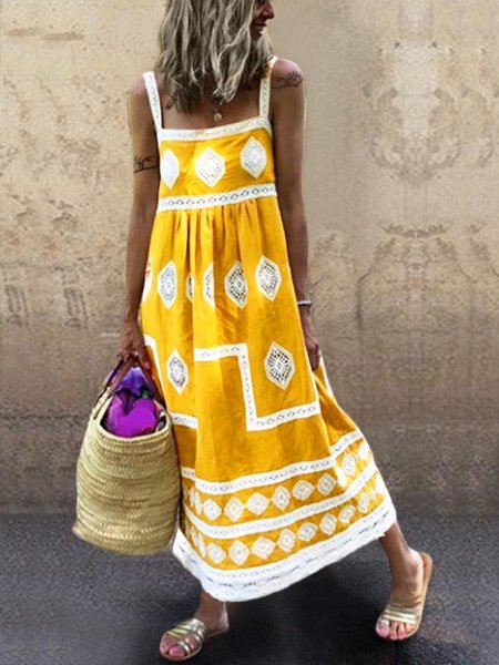 

Women Fashion Bohemian Loose Casual Sleeveless Maxi Dress, Light yellow, Sundresses