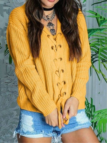 

Casual Plain Lace-up V-neck Long Sleeve Sweater, Yellow, Sweaters