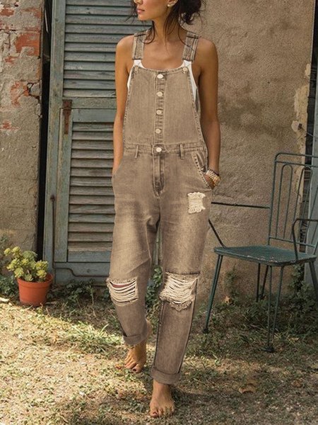 

Pagliacetto senza Maniche Denim Strappato One-Pezzo, Cachi, Jumpsuits