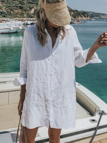

Solido Abbottonato Scollo a V Abito, Bianco, Summer dresses