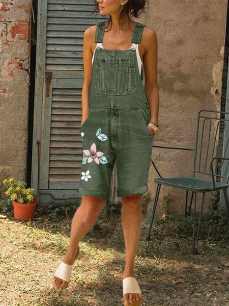

zolucky Women Floral Print Denim Short Jumpsuit Jeans Overalls, Navy green, Denim Shorts