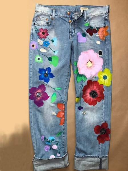 Women Denim Sweet Floral Casual Jeans, Gray, Pants