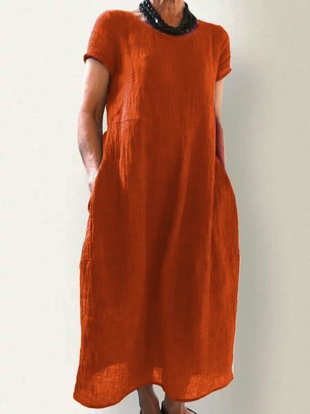 

Summer Pockets Round Neck Shift Linen Dresses, Orange, Basic Dresses