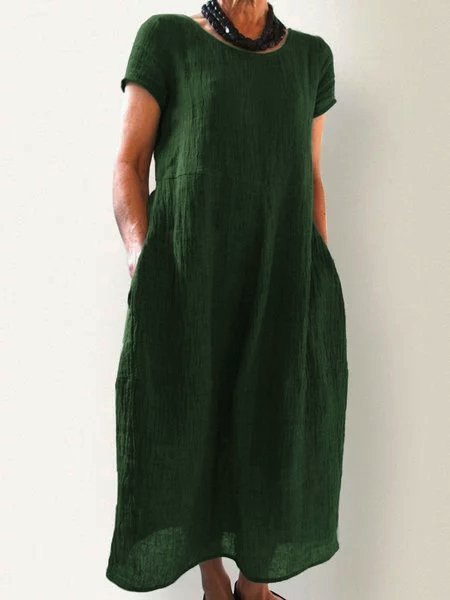 

Women Linen Plain Pockets Round Neck Short Sleeve Shift Maxi Dress, Army green, Maxi Dresses