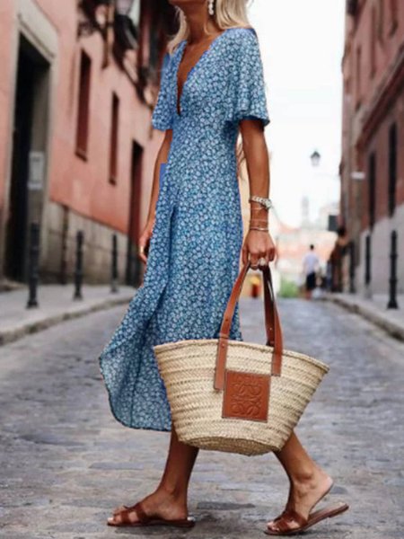 

Printed Short Sleeve Swing Women Dress, Blue, Maxi Dresses