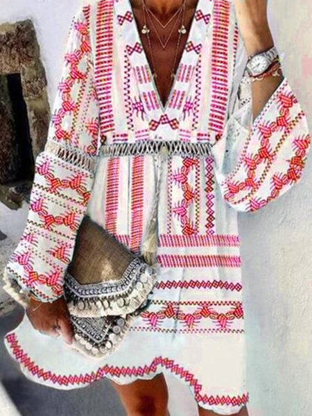 

Blue Long Sleeve Printed Weaving Dress, Red, Dresses
