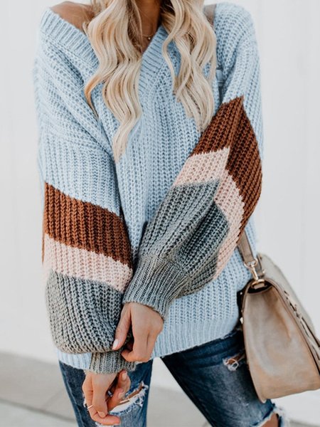

Casual Knitted V NeckLong Sleeve Sweater, Sky blue, Sweaters