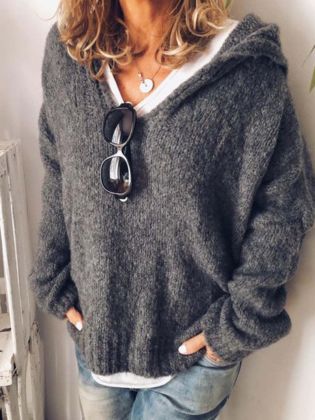 

V Neck Long Sleeve Knitted Casual Hoodie Sweaters, Gray, Sweaters