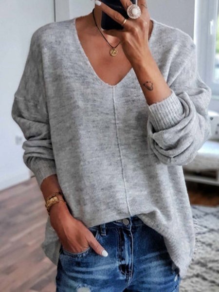

Solid Long Sleeve V-neck Knitted Top, Black, Sweaters
