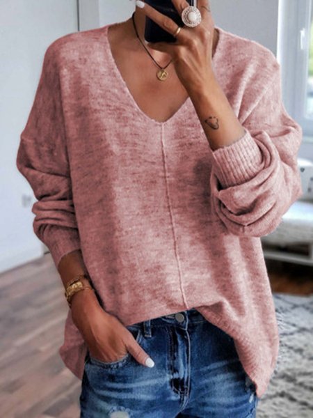 Solid Long Sleeve V neck Knitted Top