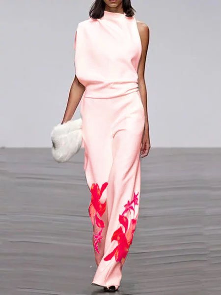 

Pockets Casual Stand Collar Floral Rompers, Pink, Jumpsuits＆Rompers