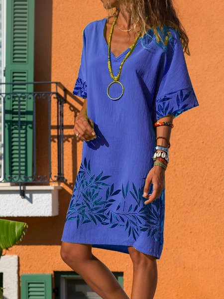 Casual Cotton-Blend V Neck Dresses Blue/3XL