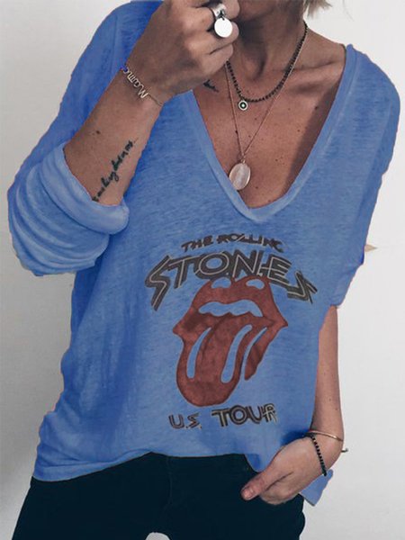 

Grafico Stampato Vacanza Maniche Lunghe Scollo a V Camicia, Blu, T-Shirts
