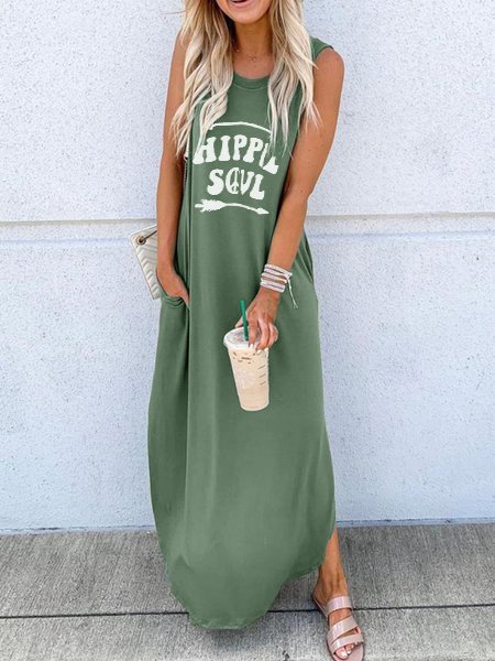 

Women Sleeveless Letter Casual Summer Maxi Knitting Dress, Gray, Dresses