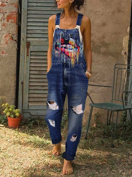 

Donna Casuale Denim Stampato Floreale pagliaccetto, Blu intenso, Jumpsuits