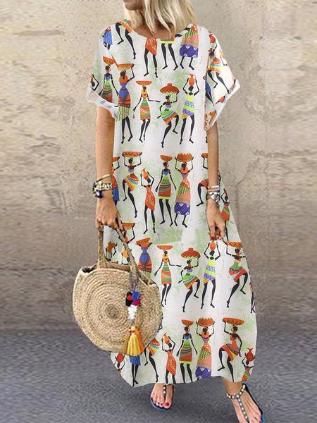 

White Casual Swing Patchwork Cotton-Blend Weaving Dress, Dresses