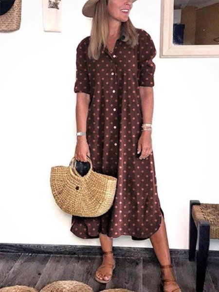

Casuale a pois Collo ribaltabile Abbottonato Maniche Lunghe Gonna, Bordeaux, Casual Dresses