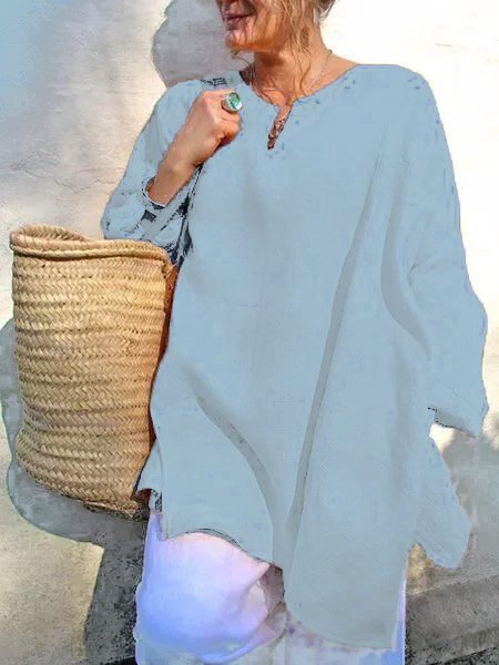

Casual Long Sleeve Oversized Linen V-Neck Blouse, Blue, Blouses & Shirts