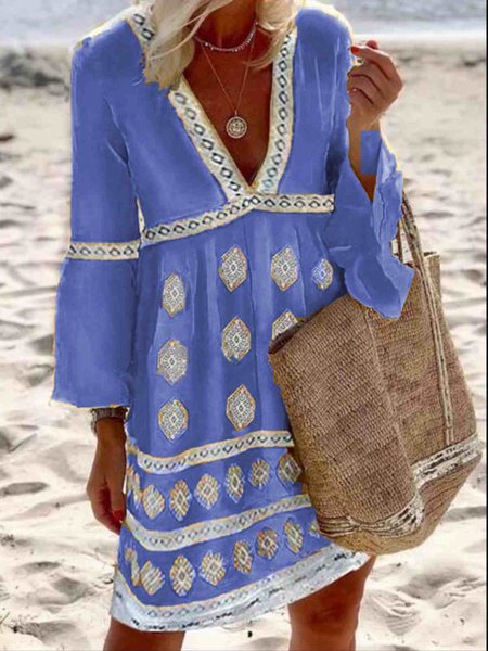 

Abito Giallo Misto Cotone con Scollo a V Casuale con Maniche Lunghe, Blu, Casual Dresses