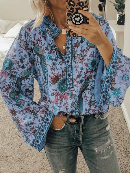 

Camicetta & Top Bianco Vacanza Floreale Misto Cotone, Blu, Blouses & Shirts
